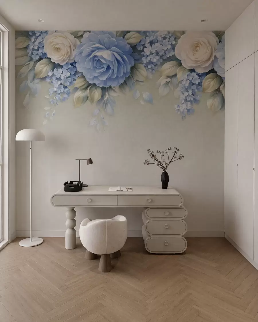 peintures murales Des roses délicates et des bouquets floraux dans une composition botanique d'inspiration porcelaine, avec des pétales superposés aux contours doux et des feuilles fluides et élégantes w05495