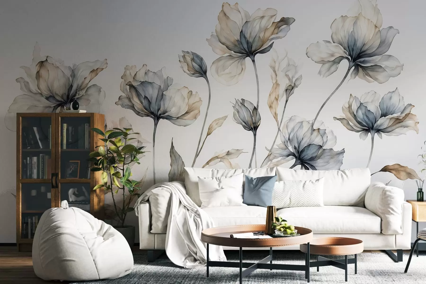 murales Flores elegantes y ligeras, con pétalos translúcidos en capas y tallos largos y delicados w05579