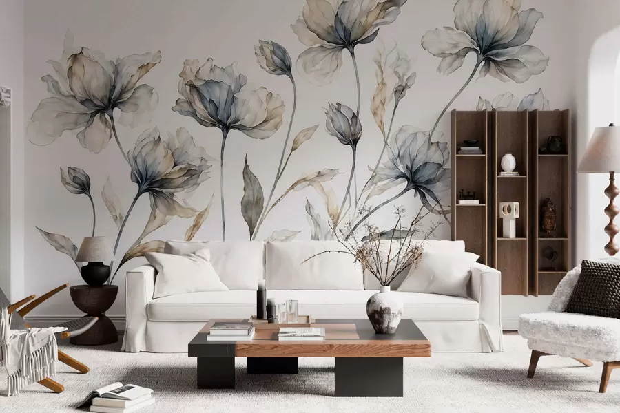 murales Flores elegantes y ligeras, con pétalos translúcidos en capas y tallos largos y delicados w05579