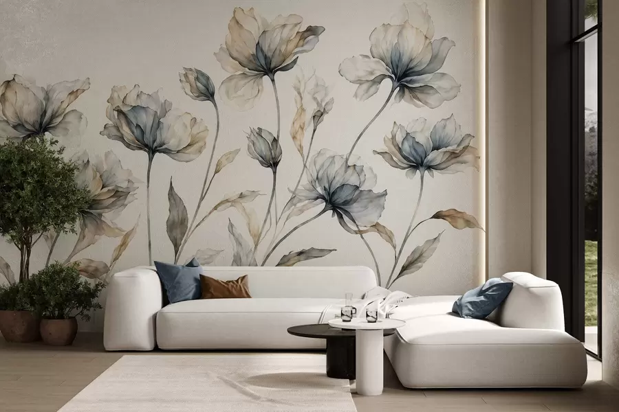 murales Flores elegantes y ligeras, con pétalos translúcidos en capas y tallos largos y delicados w05579