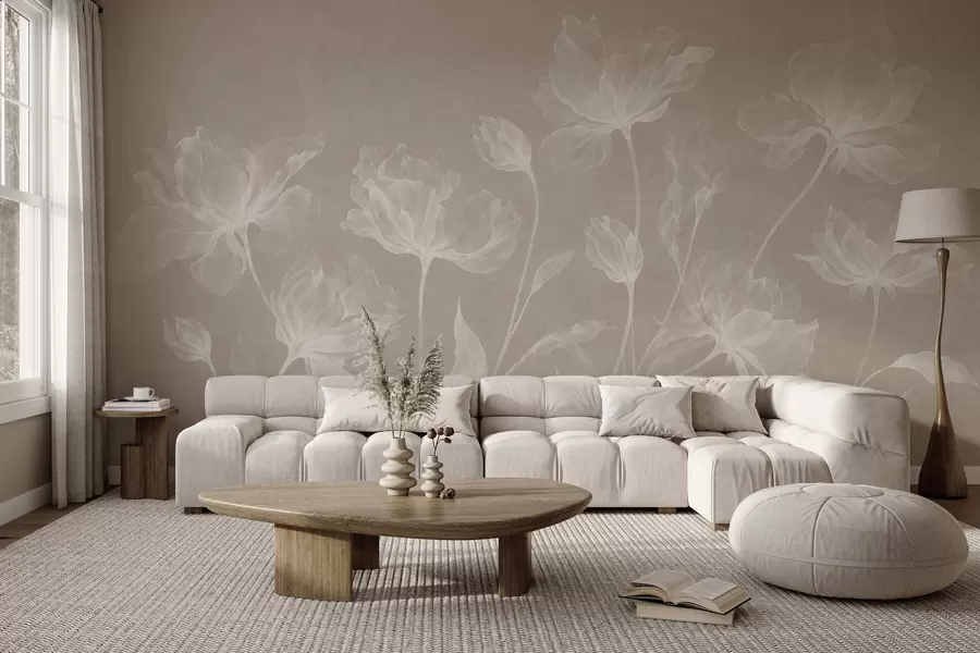 murales Flores elegantes y ligeras, con pétalos translúcidos en capas y tallos largos y delicados w05579v1