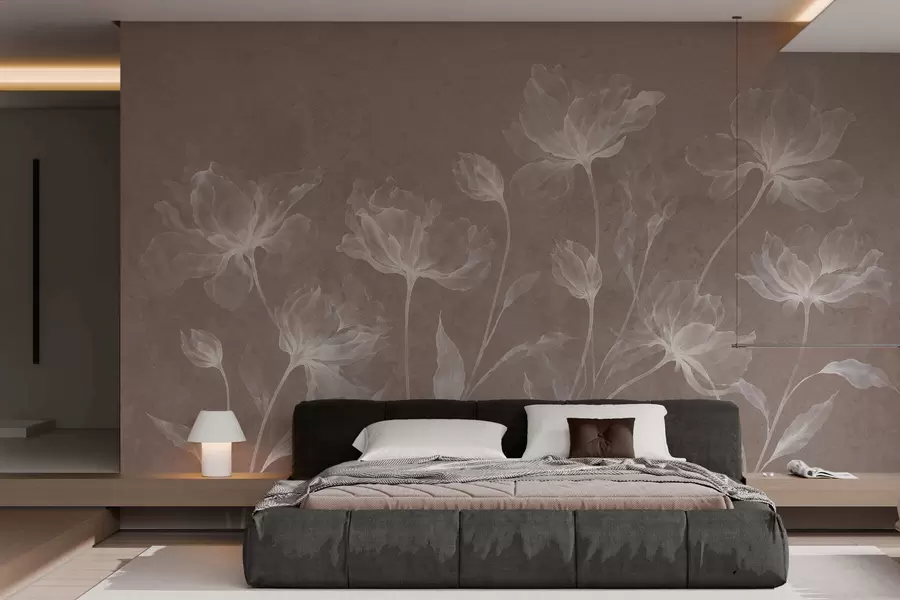 murales Flores elegantes y ligeras, con pétalos translúcidos en capas y tallos largos y delicados w05579v3
