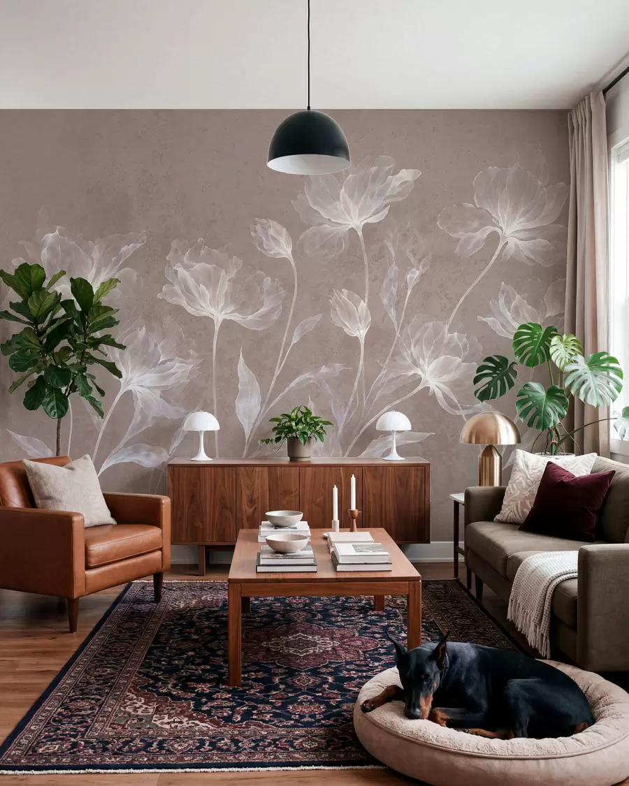 murales Flores elegantes y ligeras, con pétalos translúcidos en capas y tallos largos y delicados w05579v3
