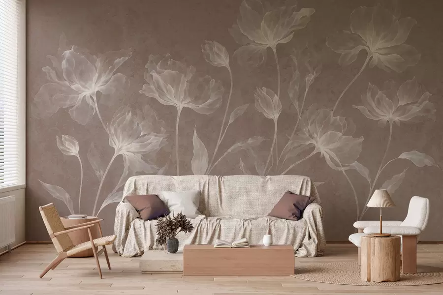 murales Flores elegantes y ligeras, con pétalos translúcidos en capas y tallos largos y delicados w05579v3
