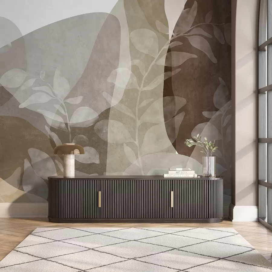 Wall Mural Photo Wallpaper Abstract shapes in earthy tones overlap with transparent botanical elements, textured art w09865