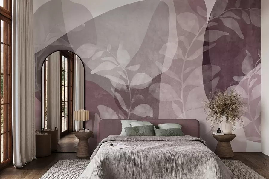 wall murals Abstract shapes in muted tones overlap with transparent botanical elements, textured art w09865v1