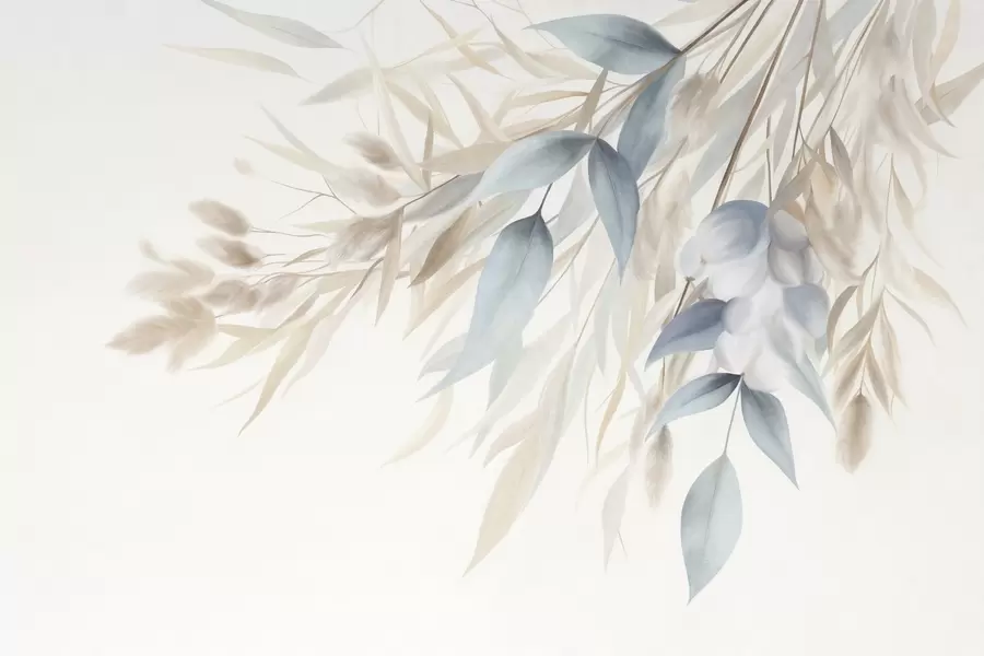 peintures murales Herbe séchée texturée, herbe de la pampa et feuilles bleues, peintes dans un style aquarelle tout en douceur w09868