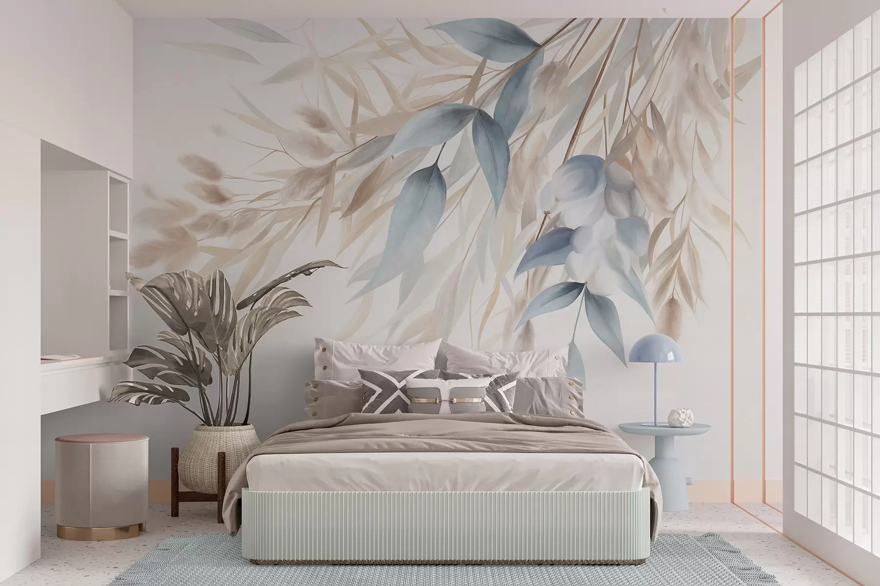 wall murals Textured dried grass, pampas grass and blue leaves, painted in a soft, watercolor style w09868