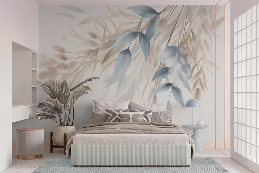 murales Hierba seca con textura, hierba de la pampa y hojas azules, pintadas con un estilo suave, al estilo de la acuarela w09868