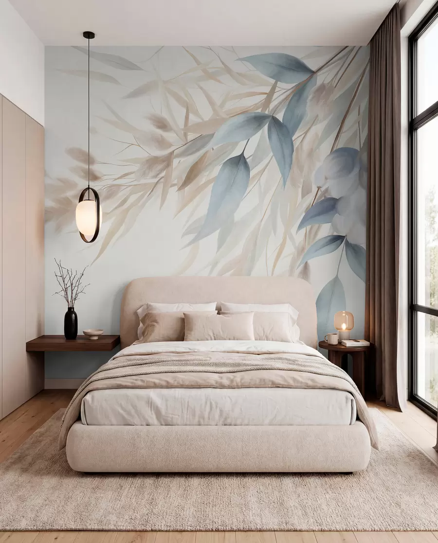 Wall Mural Photo Wallpaper Textured dried grass, pampas grass and blue leaves, painted in a soft, watercolor style w09868