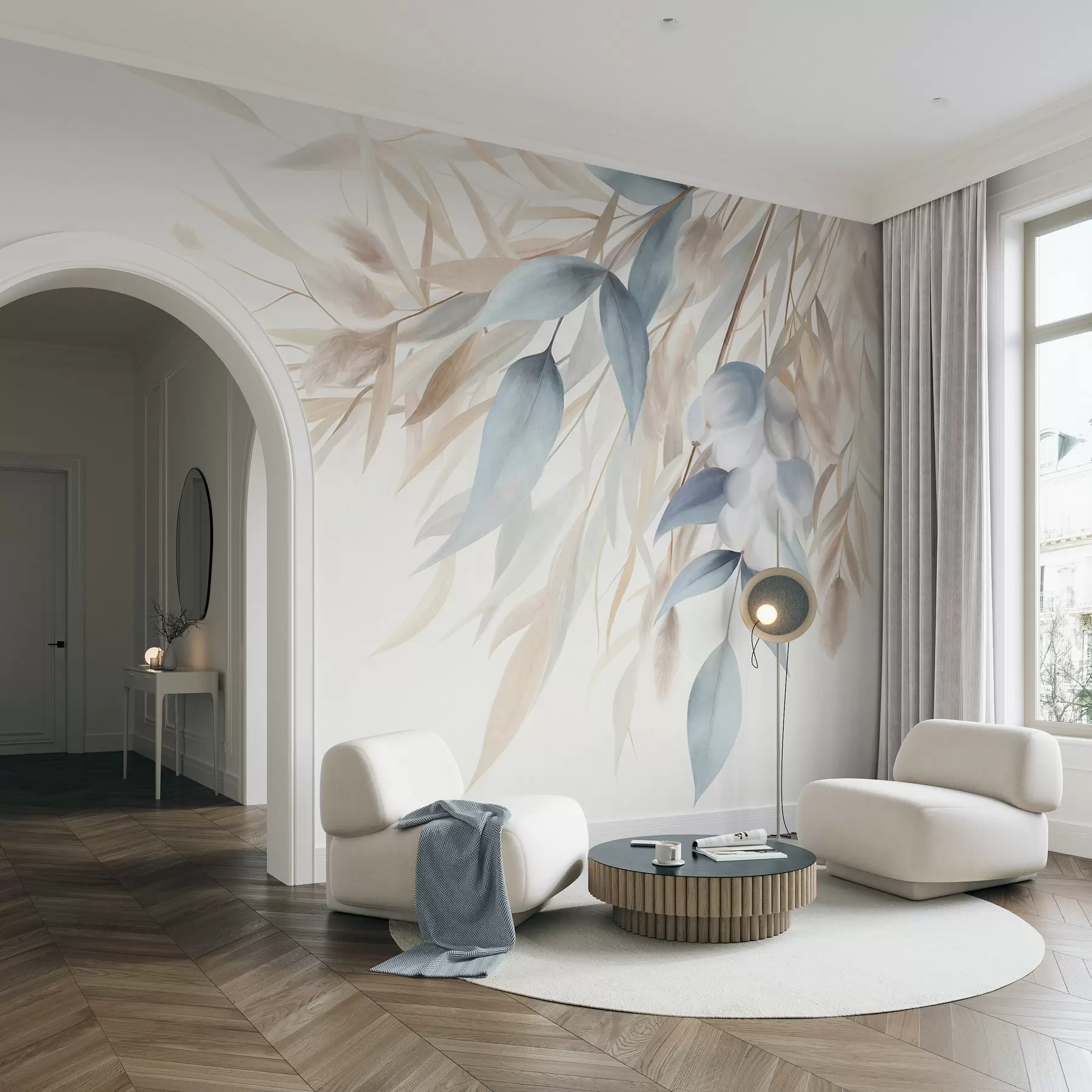 Wall Mural Photo Wallpaper Textured dried grass, pampas grass and blue leaves, painted in a soft, watercolor style w09868