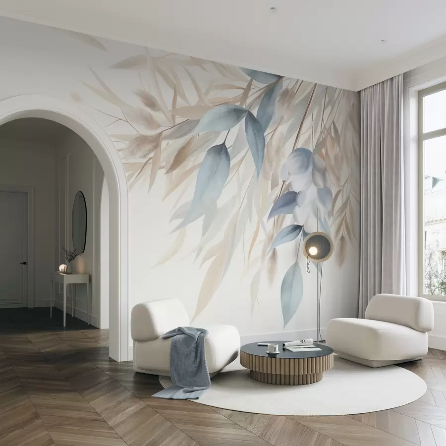 Wall Mural Photo Wallpaper Textured dried grass, pampas grass and blue leaves, painted in a soft, watercolor style w09868