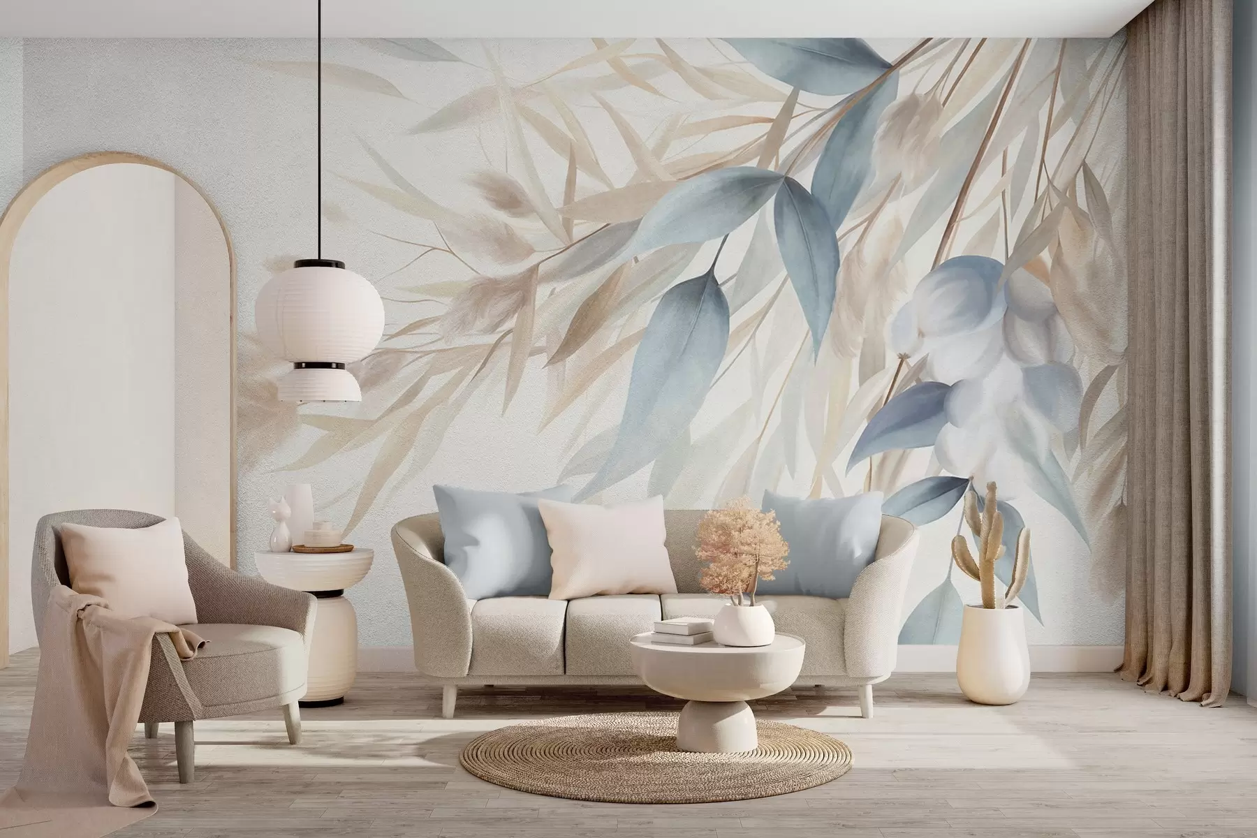 Wall Mural Photo Wallpaper Textured dried grass, pampas grass and blue leaves, painted in a soft, watercolor style w09868