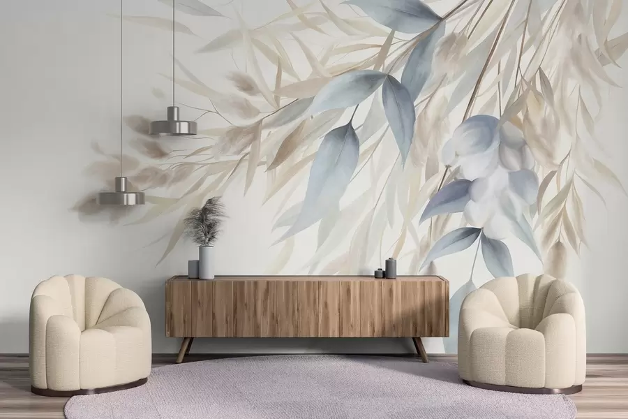 murales Hierba seca con textura, hierba de la pampa y hojas azules, pintadas con un estilo suave, al estilo de la acuarela w09868