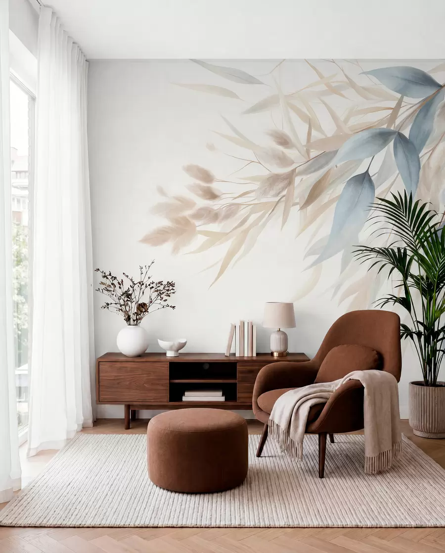 Wall Mural Photo Wallpaper Textured dried grass, pampas grass and blue leaves, painted in a soft, watercolor style w09868