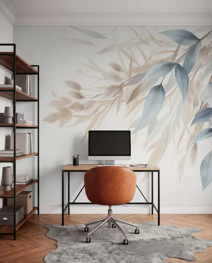 Wall Mural Photo Wallpaper Textured dried grass, pampas grass and blue leaves, painted in a soft, watercolor style w09868