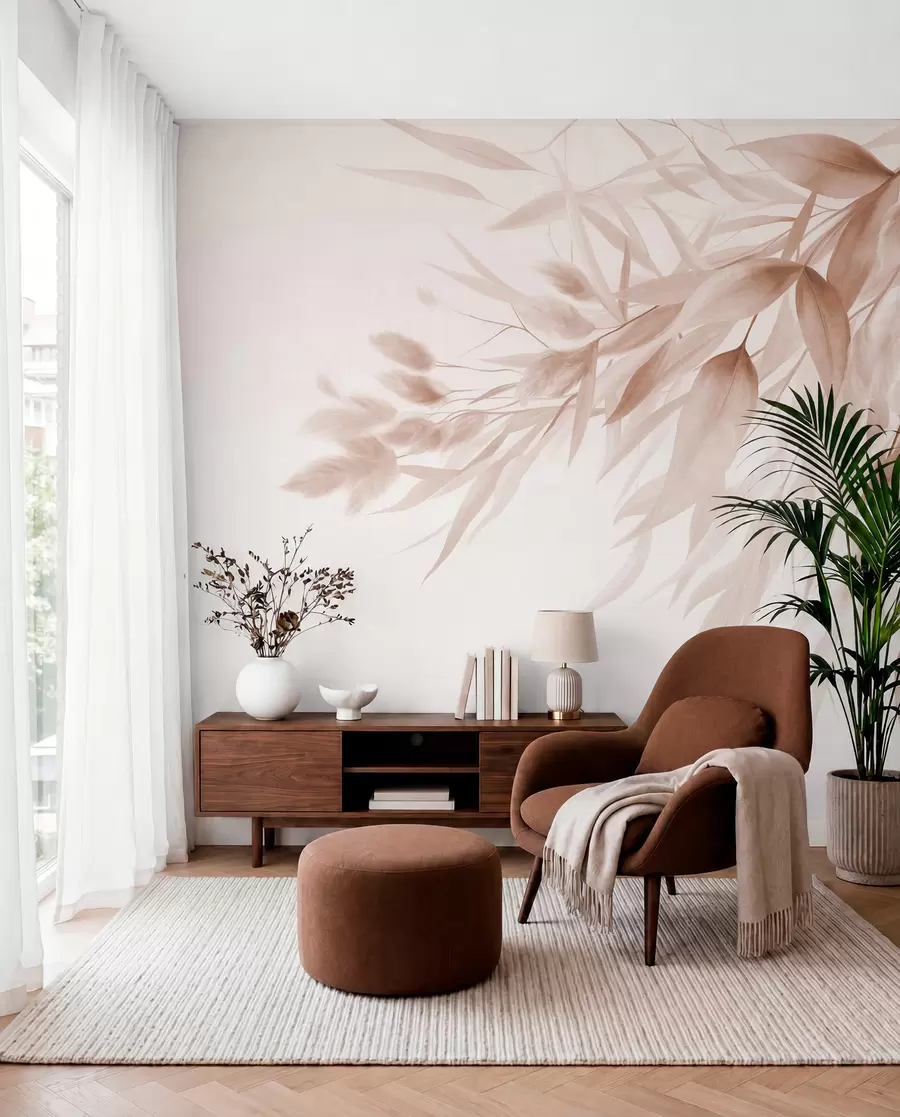 peintures murales Herbe séchée texturée, herbe de la pampa et feuilles, peintes dans un style aquarelle aux tons doux w09868v1