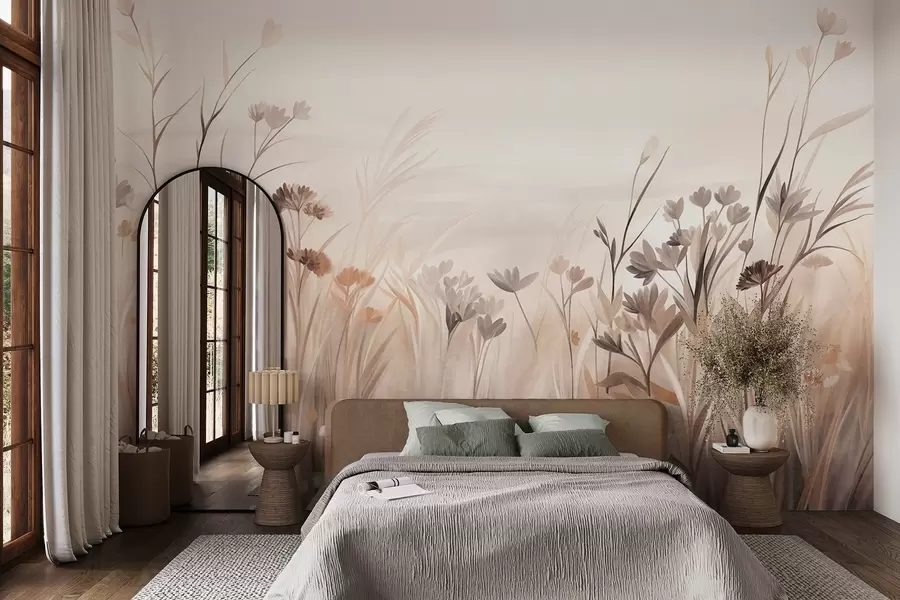 Wall Mural Photo Wallpaper A field of wildflowers in muted brown and beige tones, with tall grasses and delicate blooms w09872