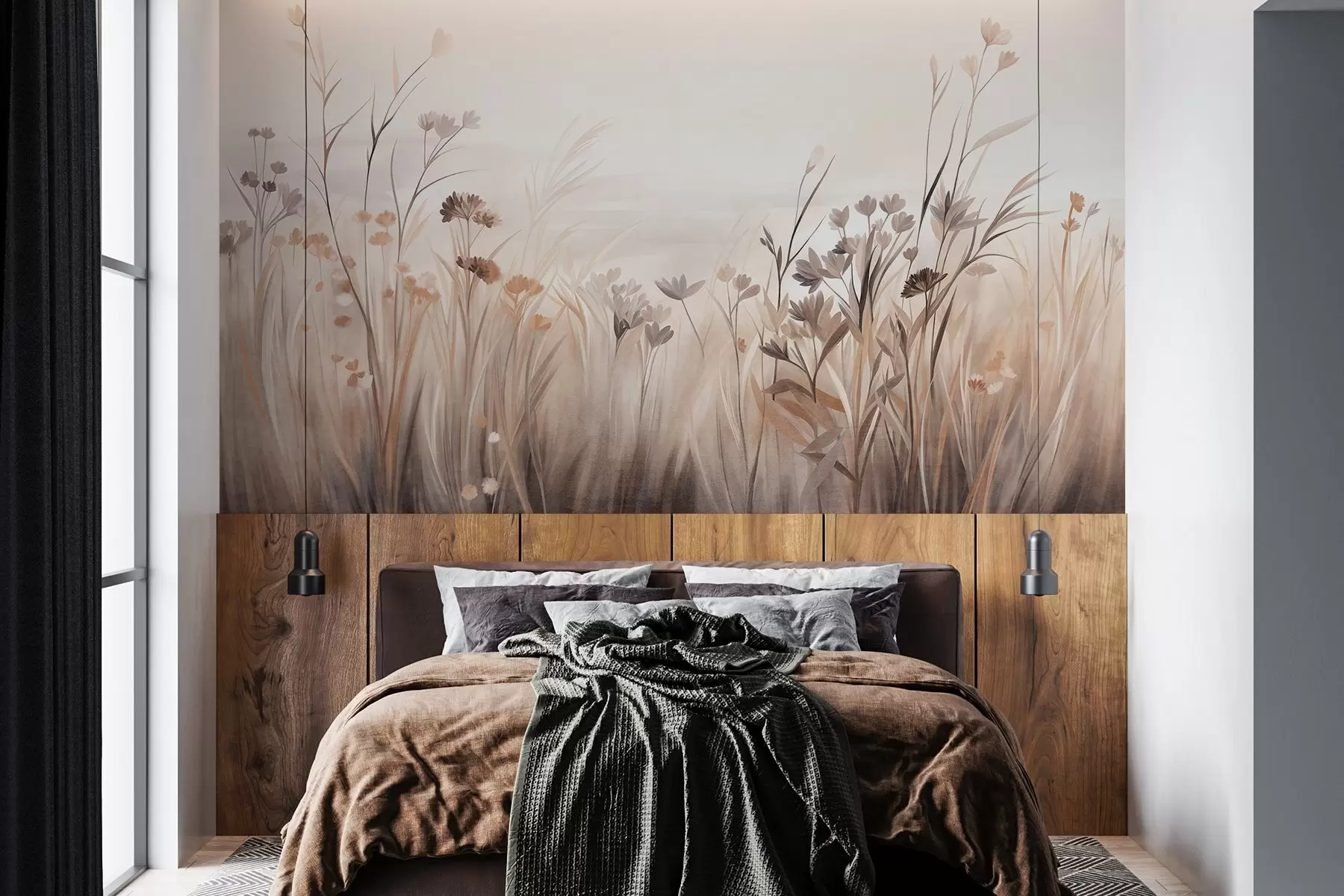 murales Un campo de flores silvestres en tonos apagados de marrón y beige, con hierbas altas y delicadas flores w09872