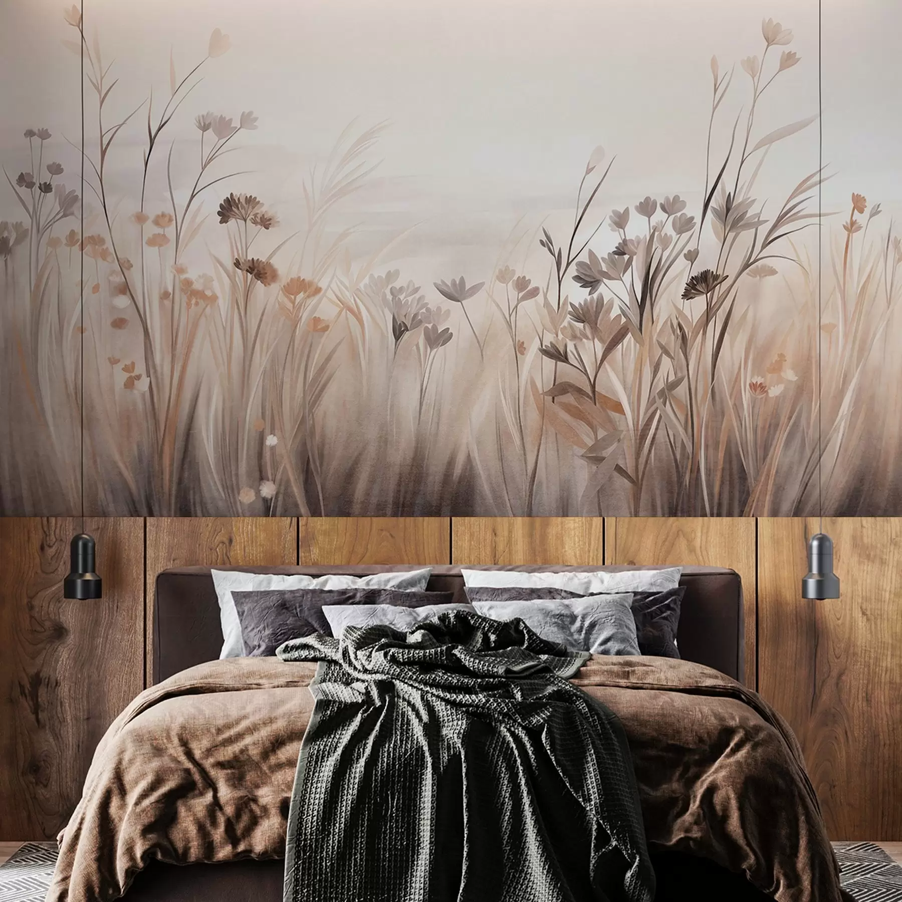 Wall Mural Photo Wallpaper A field of wildflowers in muted brown and beige tones, with tall grasses and delicate blooms w09872