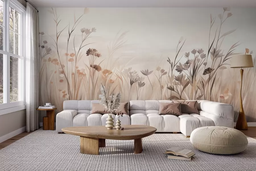 murales Un campo de flores silvestres en tonos apagados de marrón y beige, con hierbas altas y delicadas flores w09872