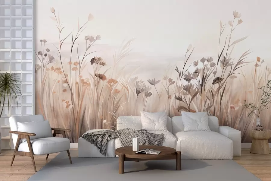 murales Un campo de flores silvestres en tonos apagados de marrón y beige, con hierbas altas y delicadas flores w09872