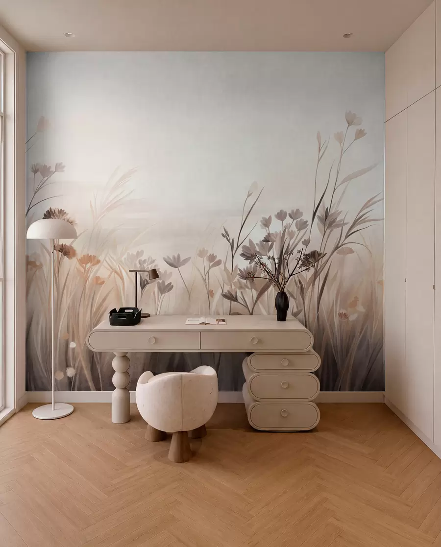 Wall Mural Photo Wallpaper A field of wildflowers in muted brown and beige tones, with tall grasses and delicate blooms w09872