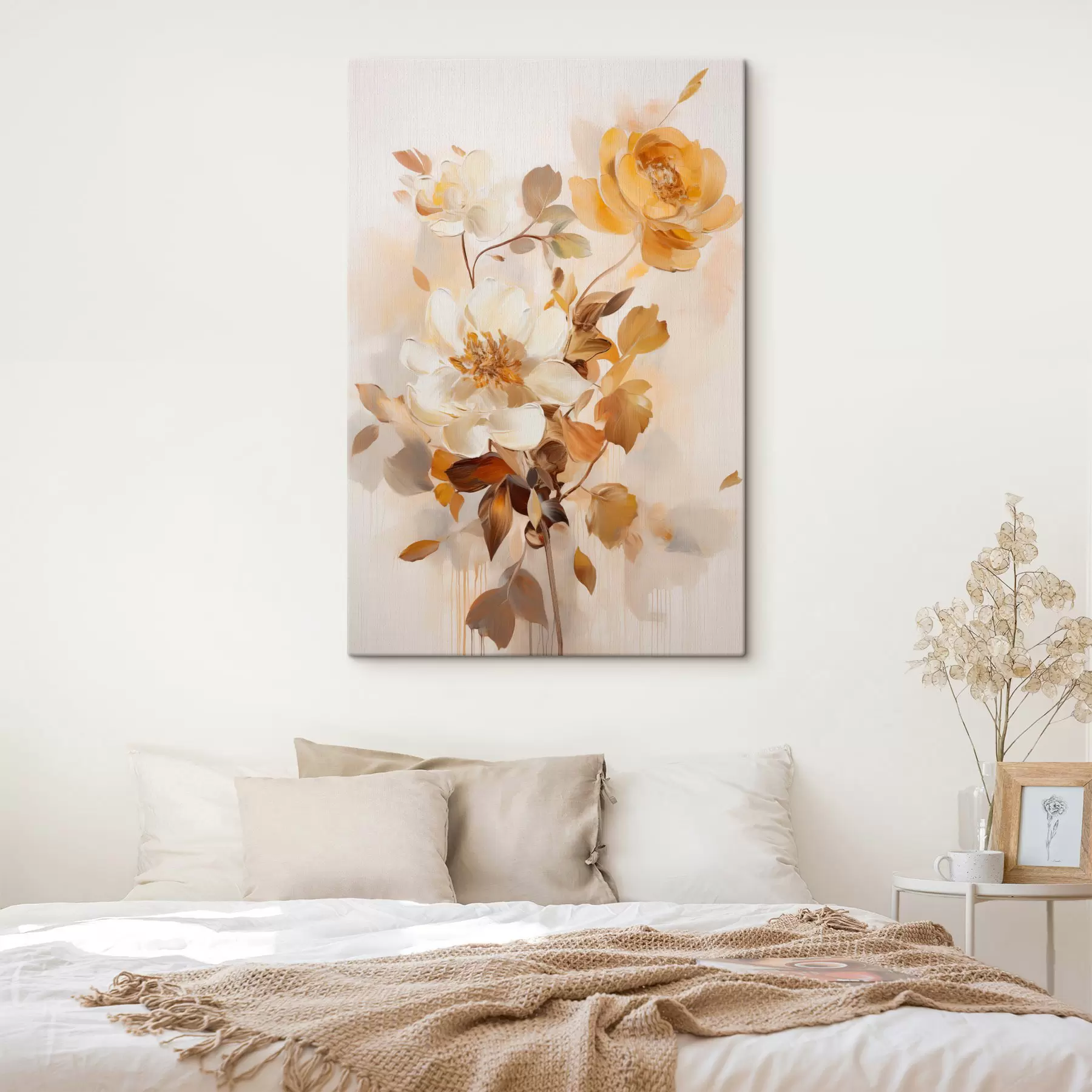 murales Flores abstractas con hojas marrones, estilo pictórico y pinceladas s49145