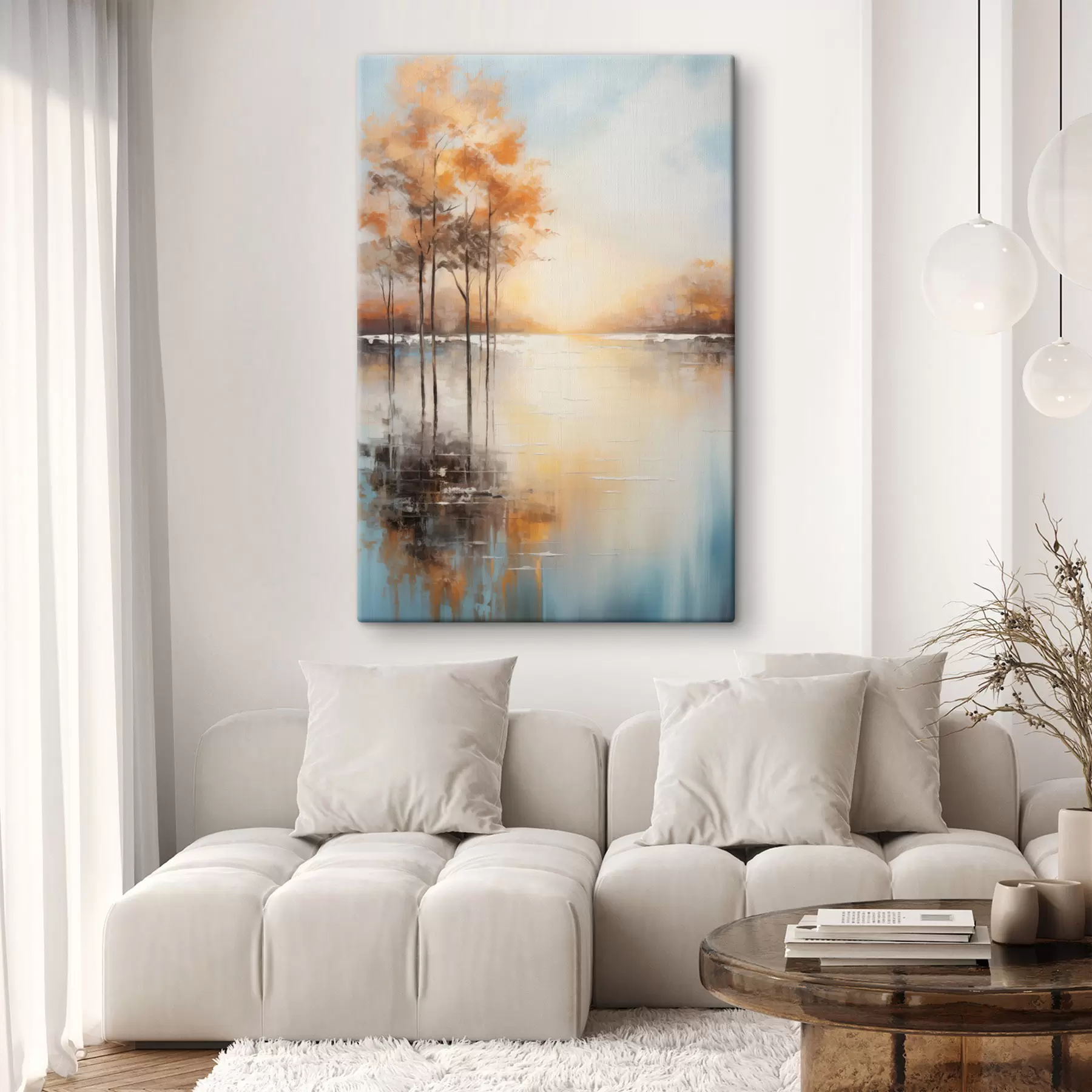 wall murals Landscape, trees with orange leaves, lake, the sun in the background s49152