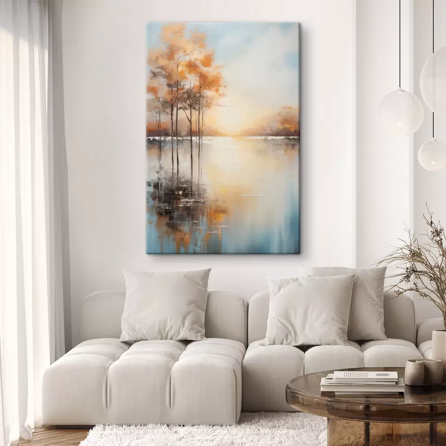 wall murals Landscape, trees with orange leaves, lake, the sun in the background s49152