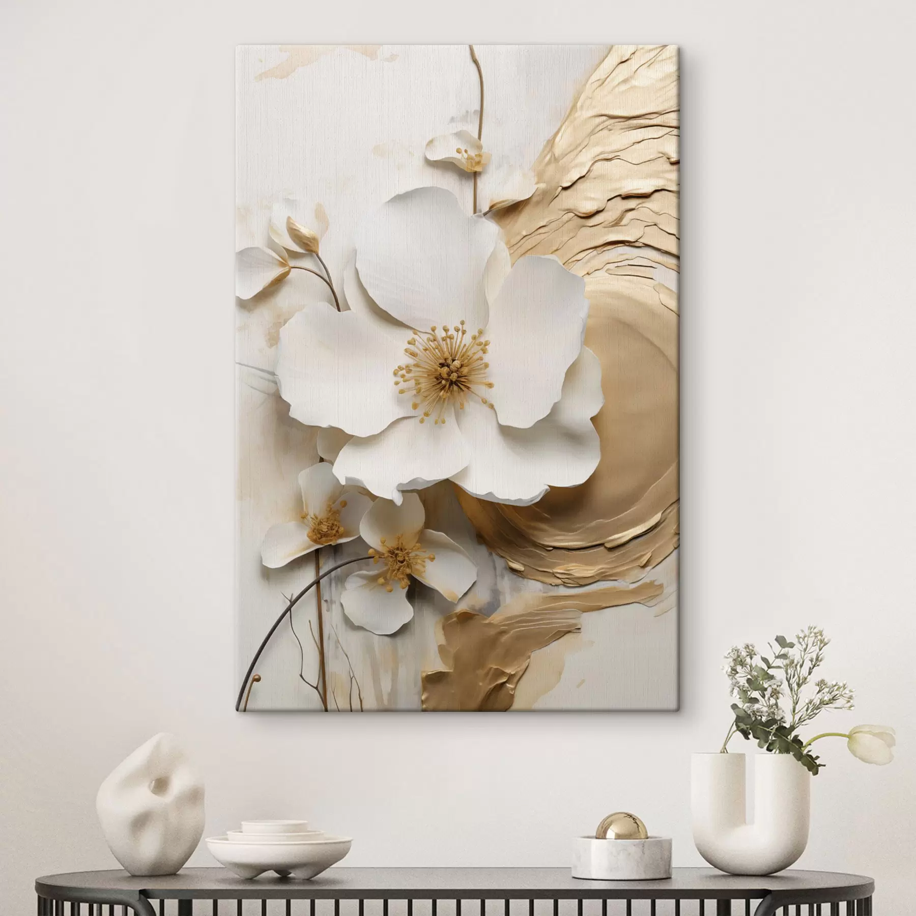 wall murals Abstract white flower, paint strokes imitation on a textured background s49153