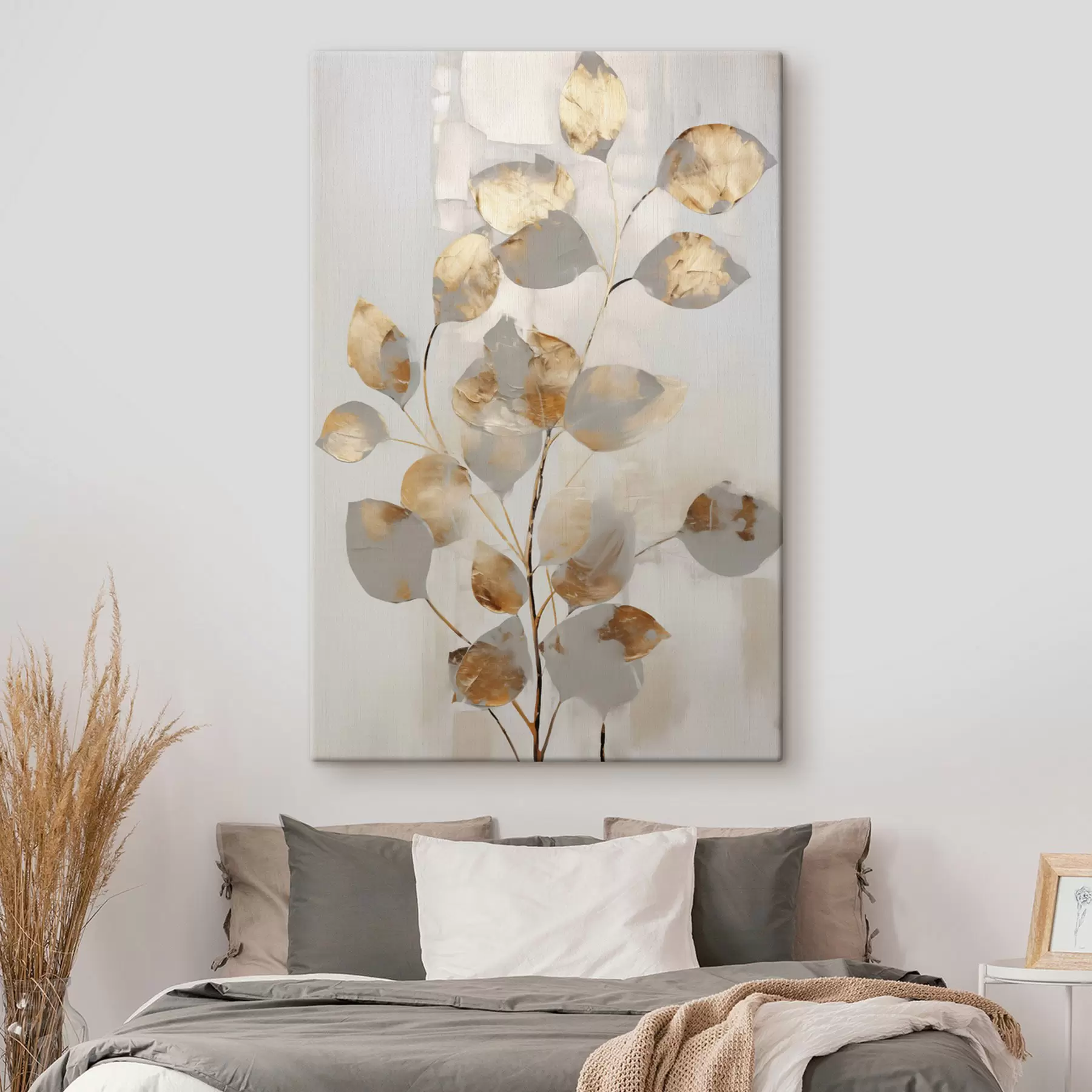 wall murals Abstract branch with oval leaves in shades of gray and yellow, textured art s49155