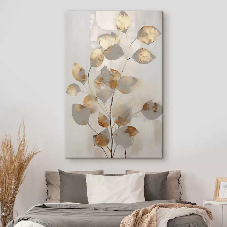 murales Rama abstracta con hojas ovaladas en tonos grises y amarillos, obra de arte con textura s49155
