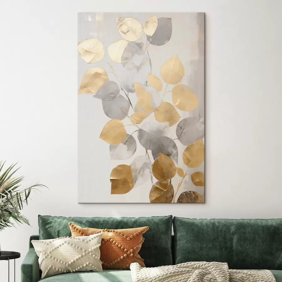 wall murals Abstract branch with oval leaves in shades of gray and yellow, textured art s49156
