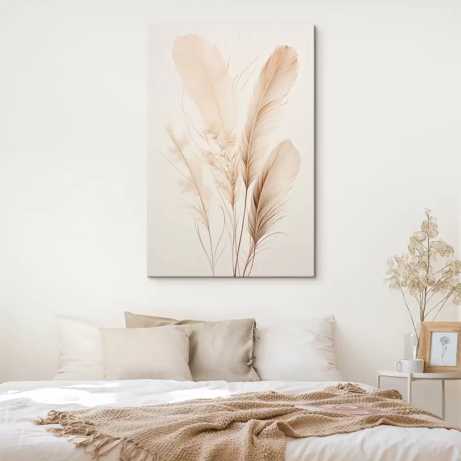 wall murals Light brown feathers and some dried grass stalks against a light background s49157