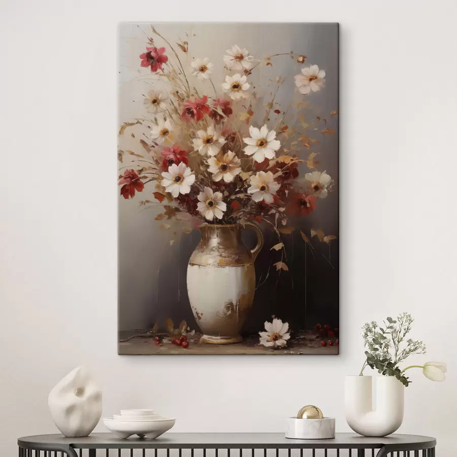 murales Un ramo de flores blancas y rojas con toques marrones en un jarrón, estilo pictórico s49161
