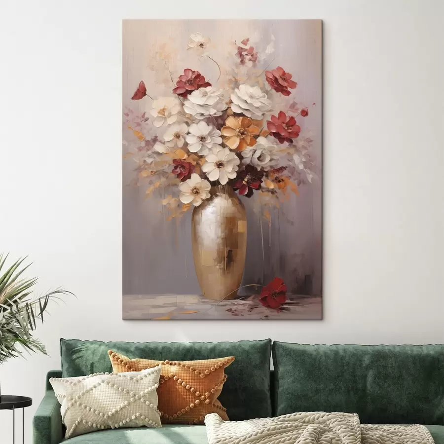 murales Un ramo de flores blancas y rojas con toques marrones en un jarrón, estilo pictórico s49162