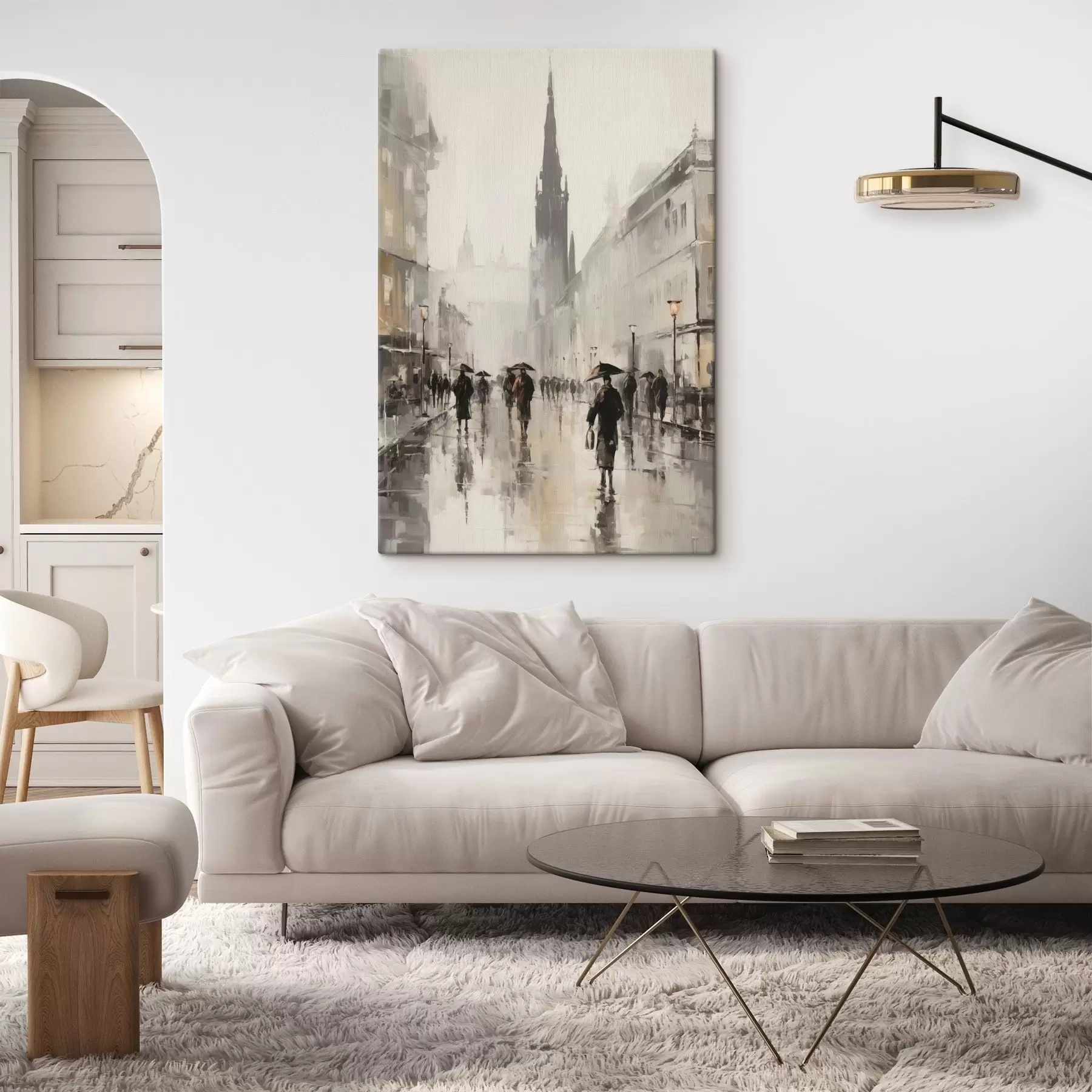 wall murals A group of people with umbrellas walk down a wet street in a city s49167
