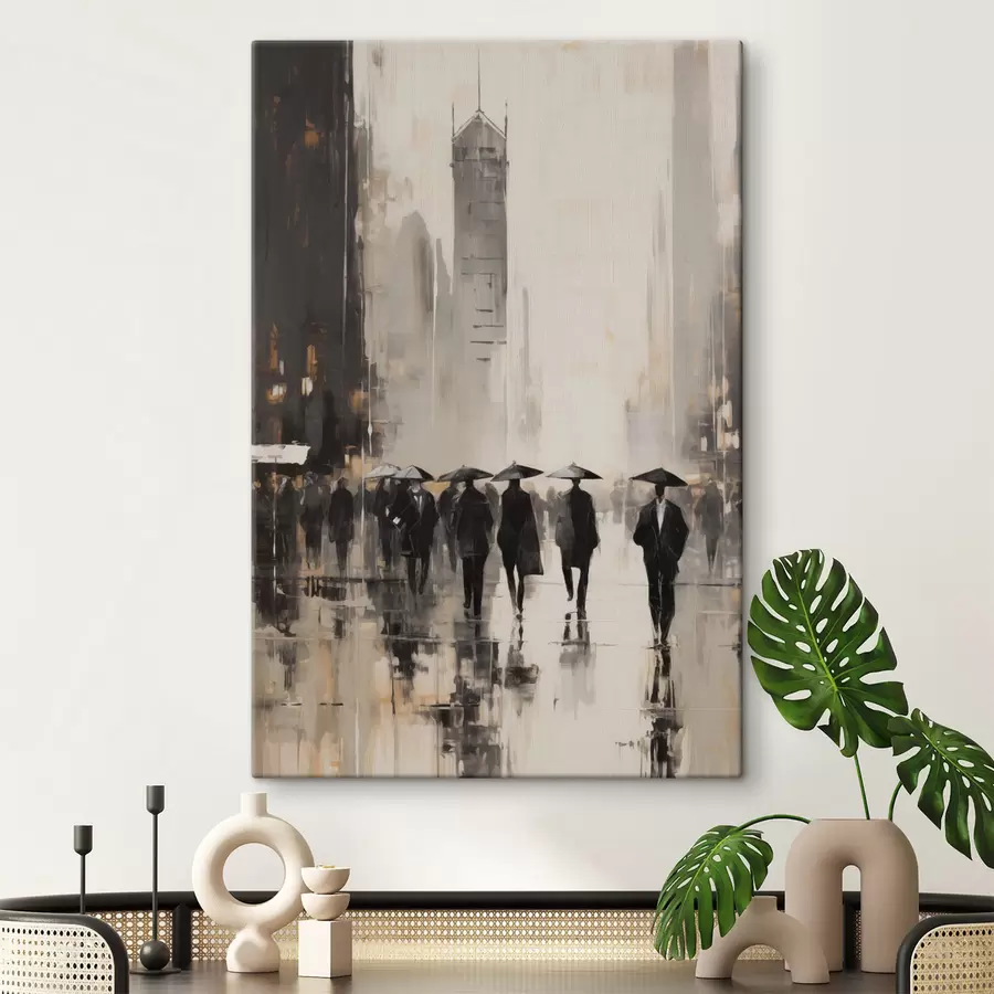 wall murals A group of people with umbrellas walk down a wet street in a city s49168