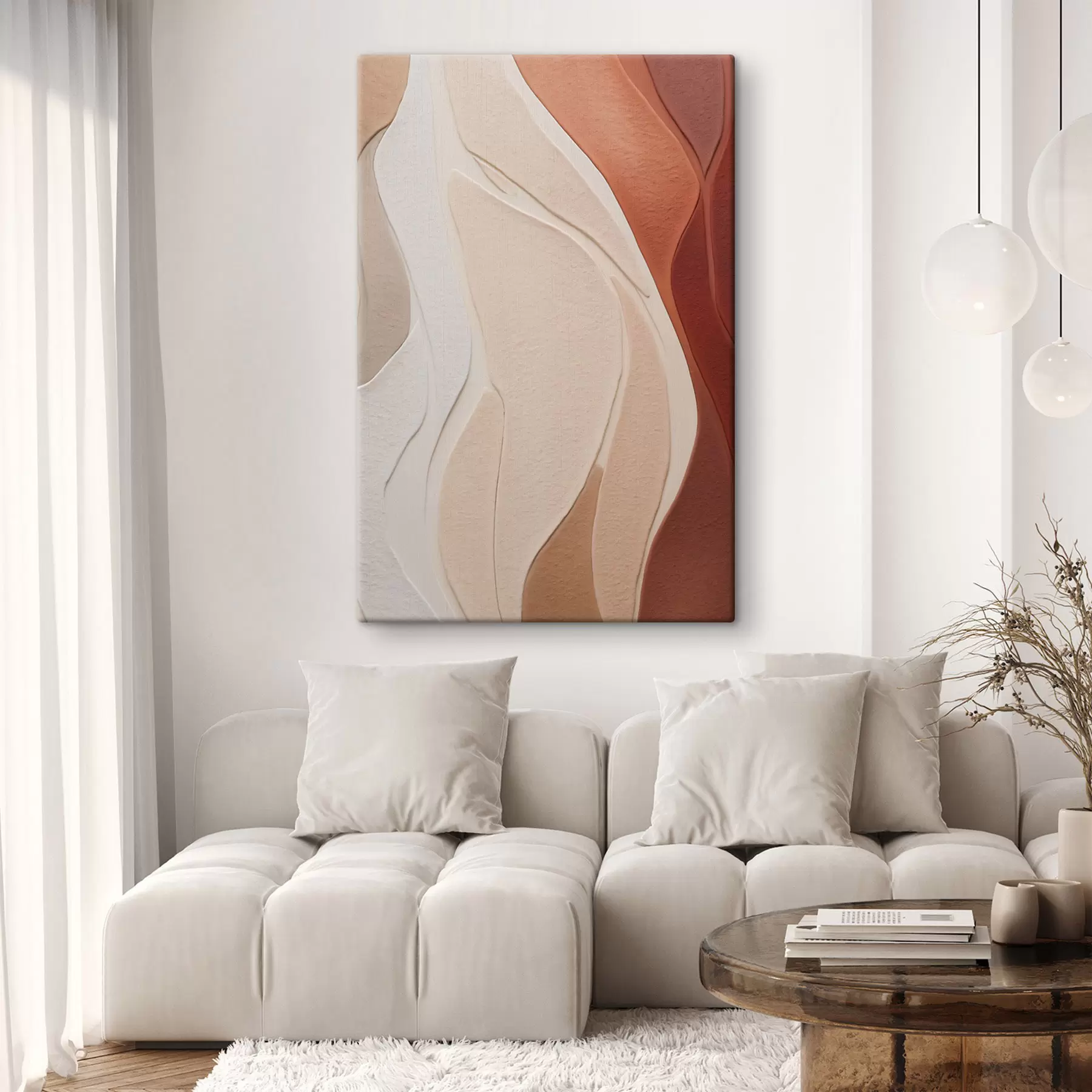 wall murals Abstract wavy layers of textures in shades of terracotta, beige and cream s49170