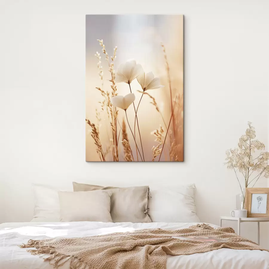 wall murals Flowers, surrounded by dry grass stalks with a soft and blurred background s49173