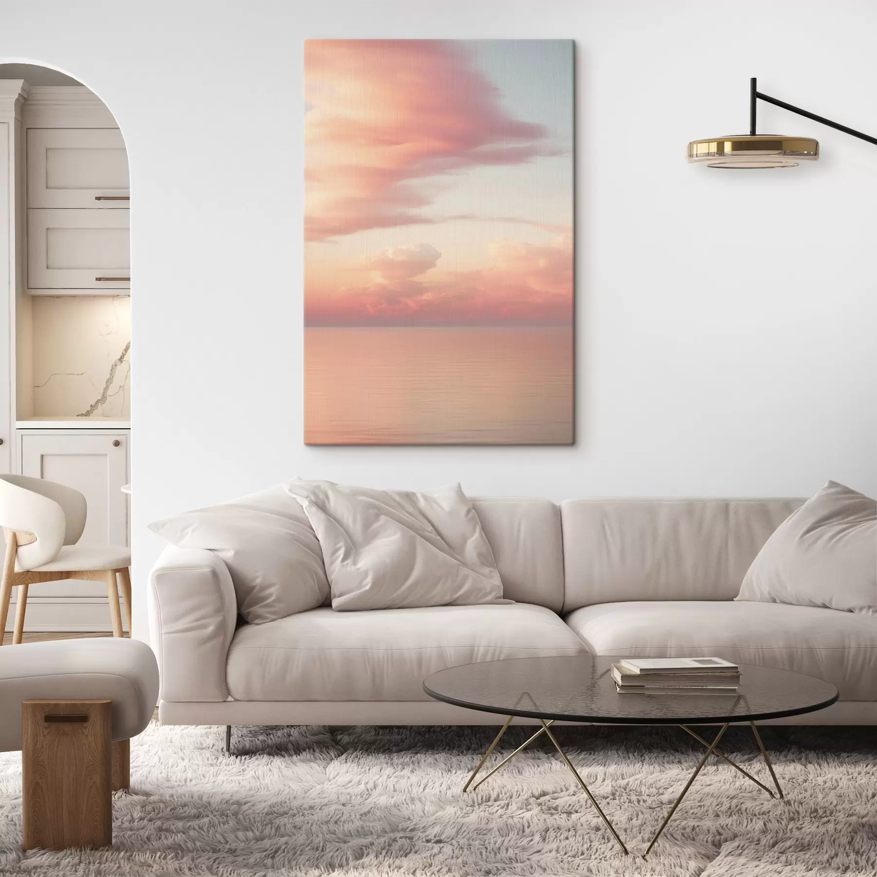 wall murals A pastel sky filled with soft clouds above a calm, reflective ocean at sunset s49177
