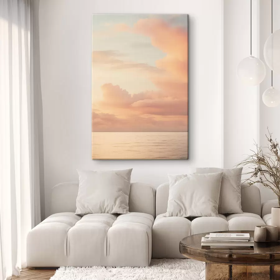 murales Un cielo en tonos pastel salpicado de suaves nubes sobre un océano tranquilo y resplandeciente al atardecer s49178