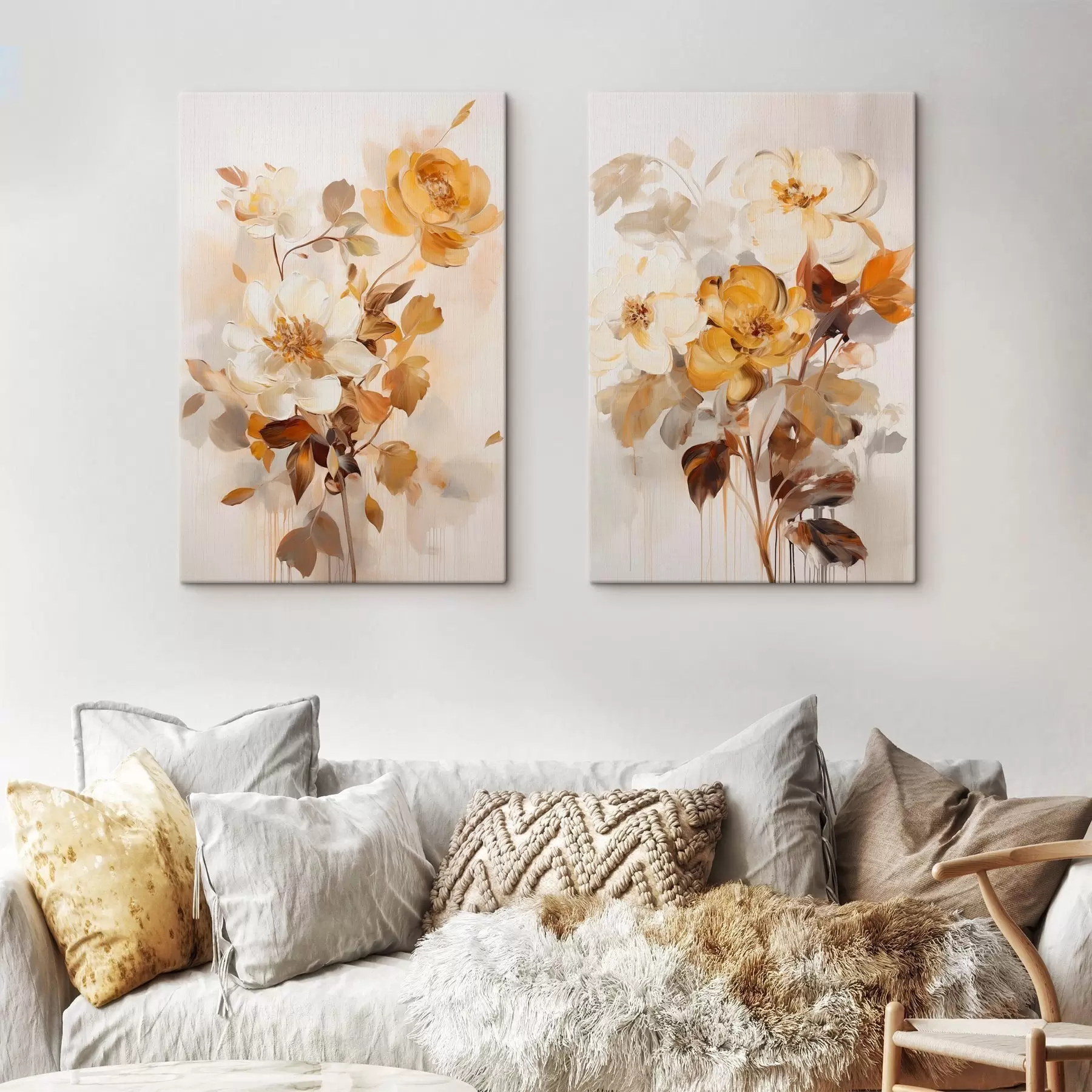 murales Flores abstractas con hojas marrones, estilo pictórico y pinceladas m30469