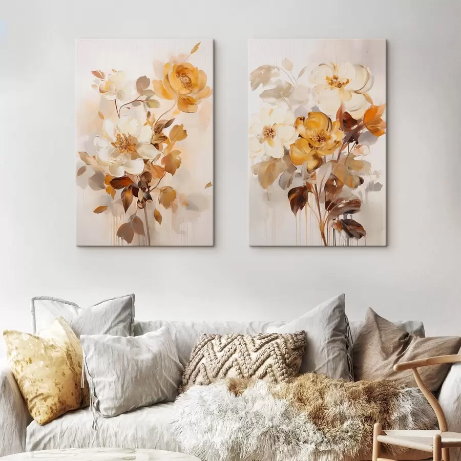 murales Flores abstractas con hojas marrones, estilo pictórico y pinceladas m30469