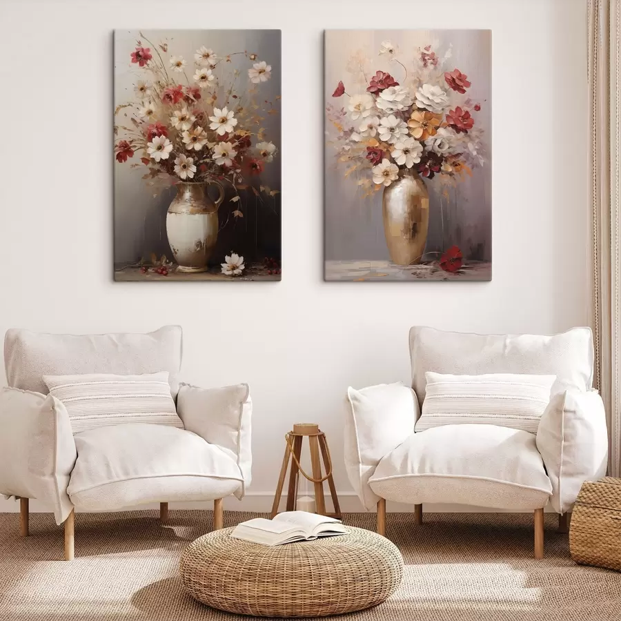 murales Un ramo de flores blancas y rojas con toques marrones en un jarrón, estilo pictórico m30477