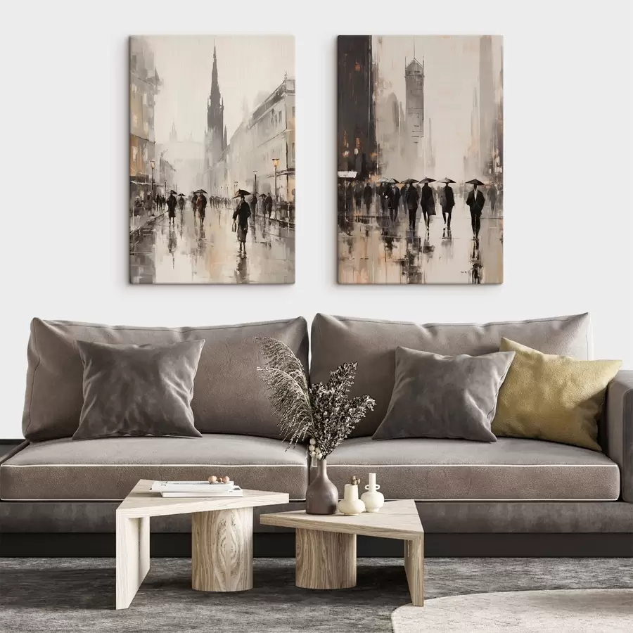 Wall Mural Photo Wallpaper A group of people with umbrellas walk down a wet street in a city m30480