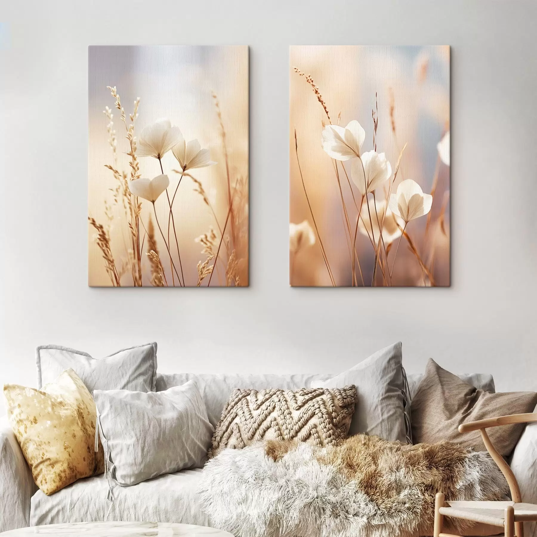 wall murals Flowers, surrounded by dry grass stalks with a soft and blurred background m30483