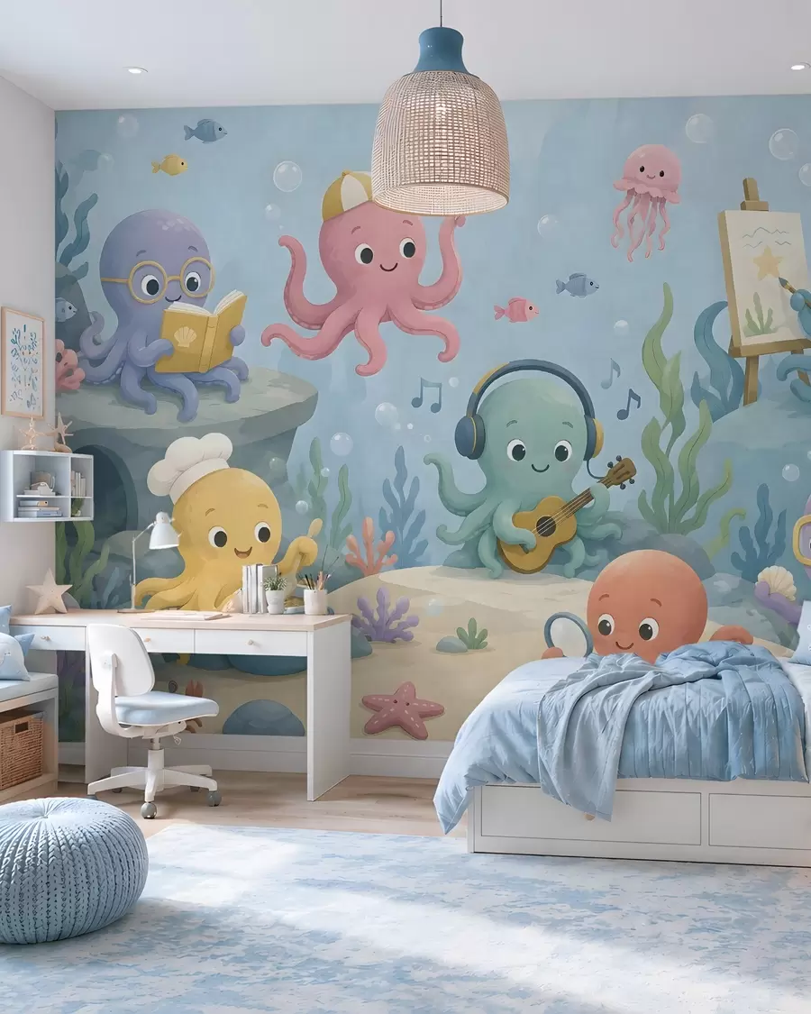 wall murals Cheerful, creative octopuses in the underwater world w05568