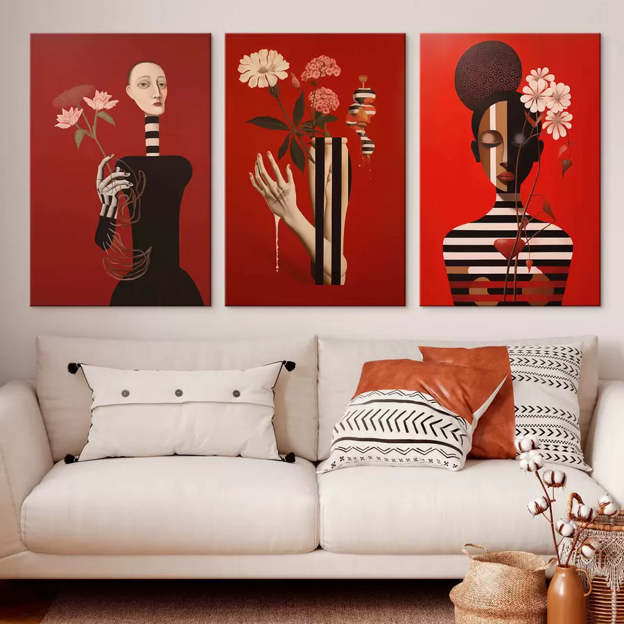 wall murals Stylized female portraits on a red background m30488